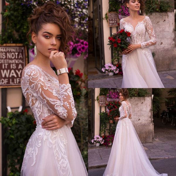 

modest lussanobridal a line wedding dresses v neck long sleeve lace applique wedding gowns sweep train robe de mariÃ©e, White