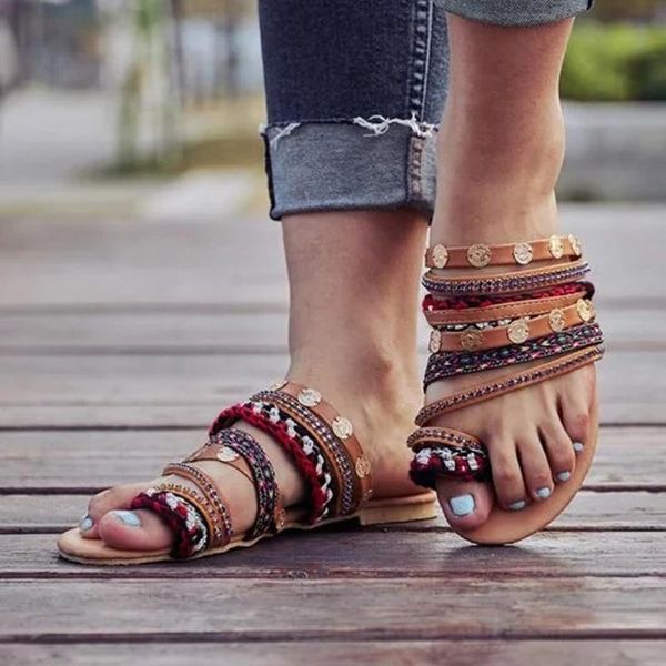 

slippers bohemian ethnic style women female flat open toe sandals outdoor flip flops beach slipper laides simple summer shoes, Black