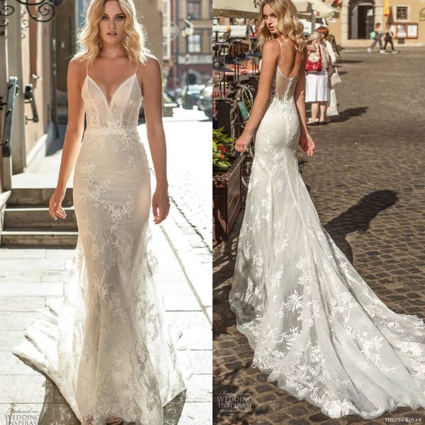 

2020 mermaid wedding dresses spaghetti lace appliqued court train sleeveless garden beach wedding dress custom made bridal gowns, White