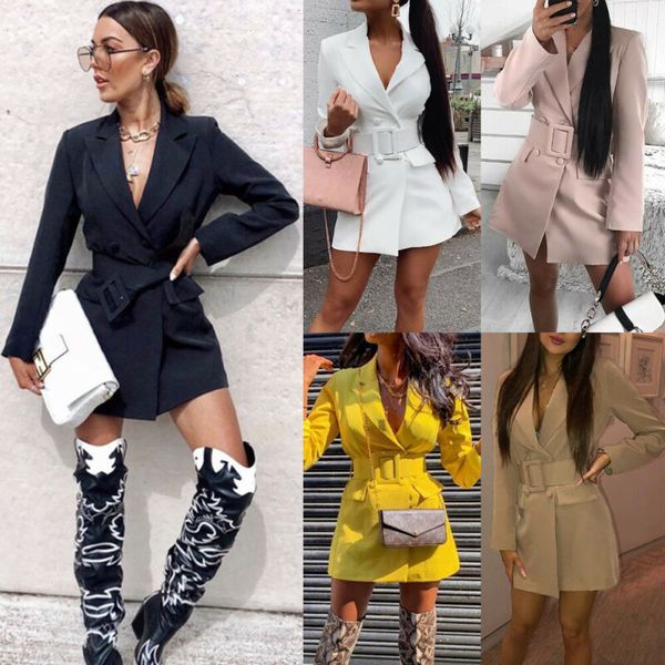 

2019 autumn women blazer lapel double breasted long sleeve v-neck casual blazers, White;black