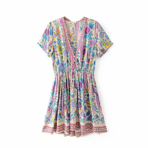 

chic summer beach vintage peacock floral print mini dress women fashion v neck buttons ladies dresses vestidos mujer, Black;gray