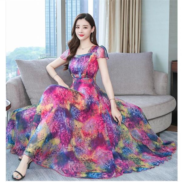 

chiffon dress female 2020 summer new fashion temperament square collar short sleeve printed silk slim long dress, White;black