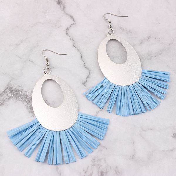 

винтажные серьги из рафии для женщин этнические веерообразные серьги с кисточками из lafite синий / желтый чешский колос pendientes verano 2, Silver