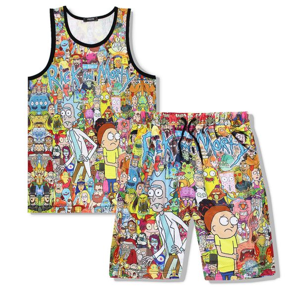 

3d print tracksuit set man summer sea beach party casual tank sets sleeveless t shirt+shorts mens fitness clothing vest set, Gray