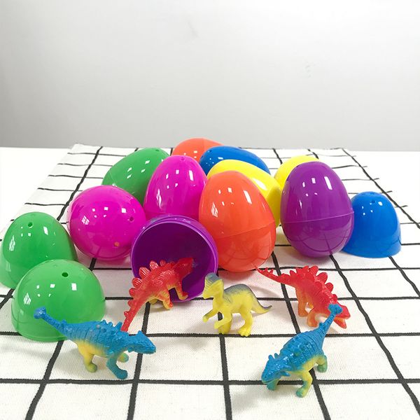 12 Stück/Packung Dinosaurier-Osterei-Überraschungseier, 7,6 cm, Kunststoff, kreativ, einfarbig, Dinosaurier-Innenseite für Kinder