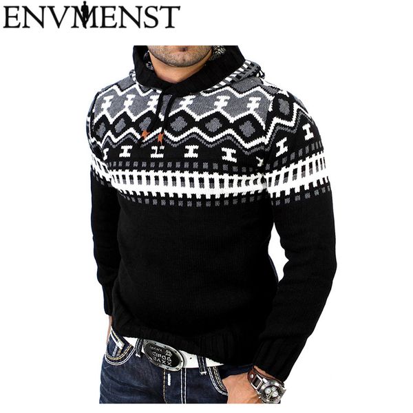 

envmenst 2018 new spring autumn fashion casual men hooded sweater patchwork print slim fit thick knitting sweaters, White;black