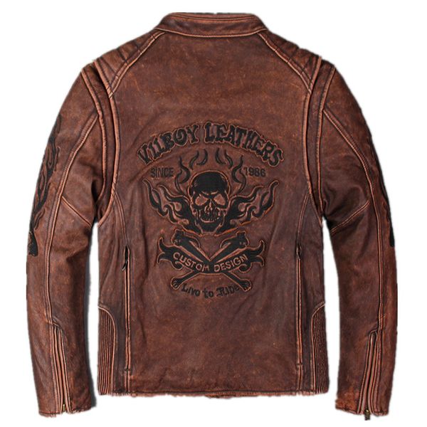 

men vintage red genuine skull leather motorcycle jacket real thick cowhide slim fit leather biker winter coats m-xxxl, Black
