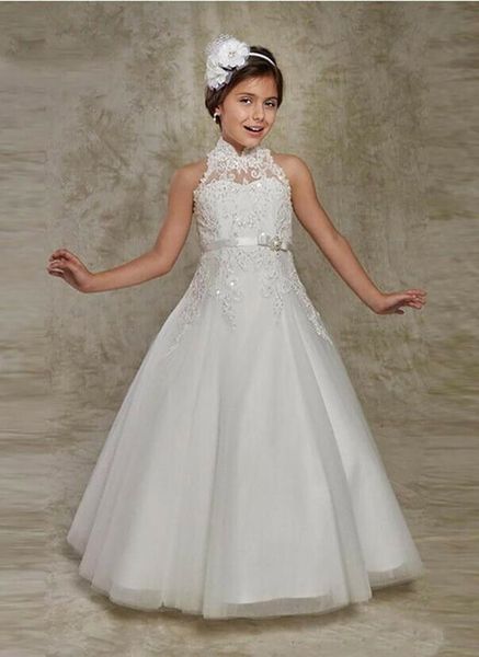 

white lace girls dresses kids formal wear flower girls' dresses floor length first communion dress princess dress, White;blue