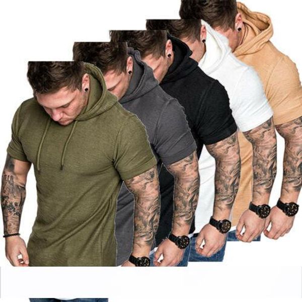 

2019 mens fit slim summer t-shirt casual t shirt clothes short sleeve hooded muscle tee, White;black