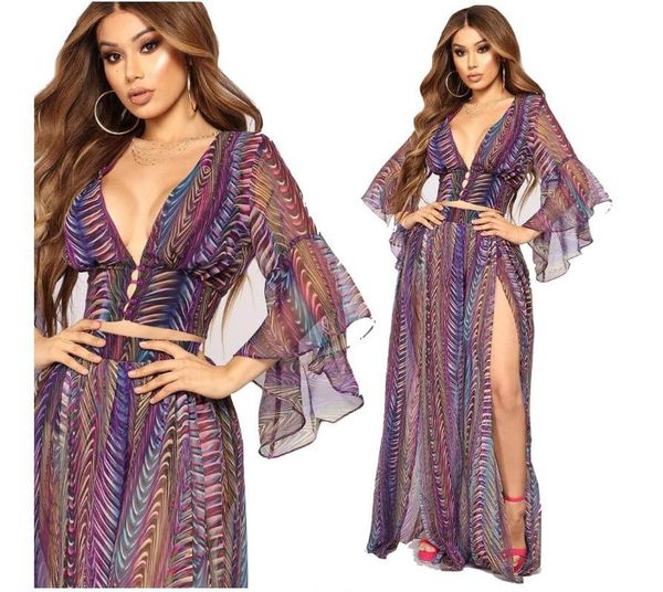 

women two pieces suits v neck botton crop flare long sleeve print chiffon dress, White