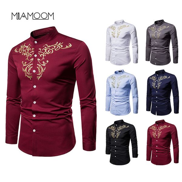

miamoom shirts men dress embroidered henry collar large - size long - sleeved shirt, White;black