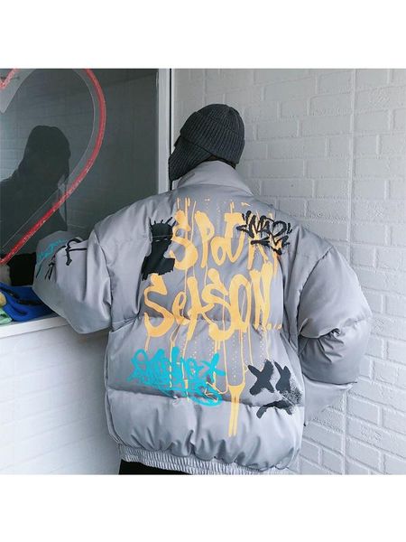 

жасмин зима утолщенной ручная роспись граффити стенд воротник хлопка костюм свободный и красивый стрит мужские и женские куртки пальто, Black