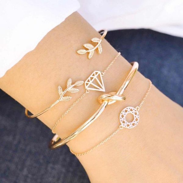 

4 pcs/set gifts for women bracelet fashion street racket jewelry leaf knotted bracelets bangles gold for women, Golden;silver