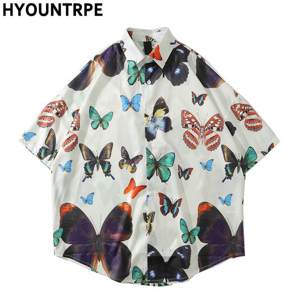

mens hip hop butterfly printed shirts new casual short sleeve vintage shirt hip hop loose harajuku streetwear men shirts, White;black