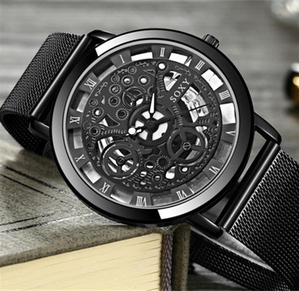 

business man watch luxury hollow men's watch leather men imitate mechanical wristwatch quartz male clock relogio masculino, Slivery;brown