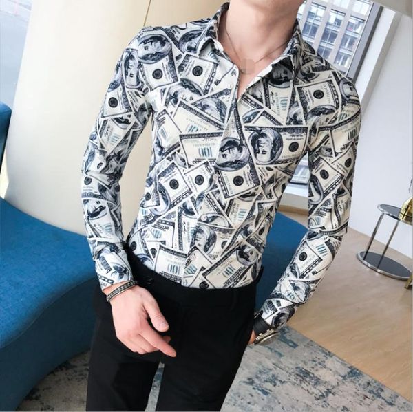 

mens printing nightclub slim shirts long sleeve casual blouses b05, White;black