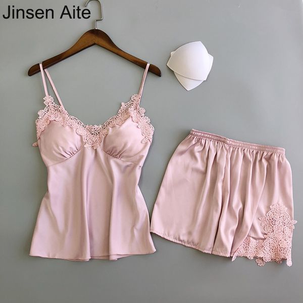 

jinsen aite women sleepwear lace v-neck sleeveless shorts two-piece set with chest pad summer nightwear home wear js755, Blue;gray