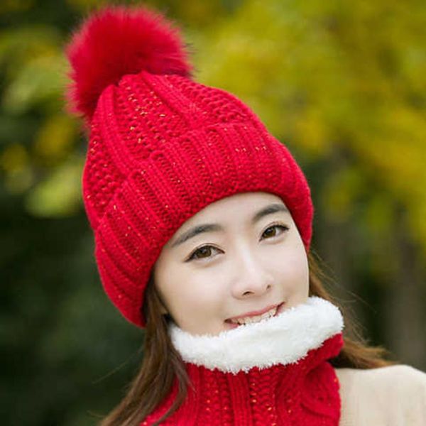 

wholesale winter outdoor women solid color thicken pompom beanie cap o ring scarf set, Blue;gray