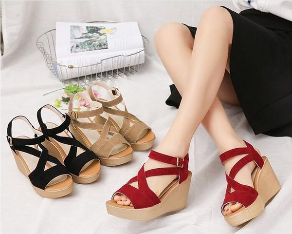 

2019 summer new wedge sandals, fish mouth high heel platform, muffin platform women's sandals, with a buckle