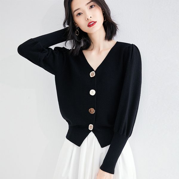 

autumn new puffy sleeve sweater women loose v-neck jacket small fragrance wind women's sweater fashion wholesale, Black;gray