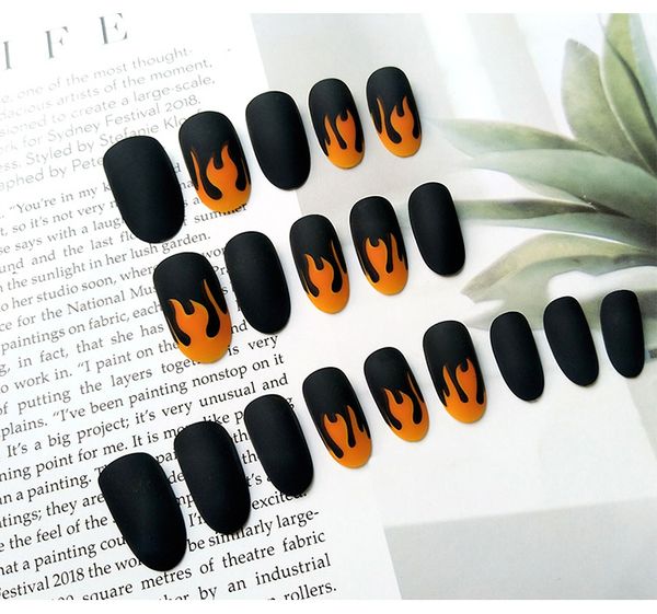 

24pc/lot black flame pattern nail art tips matte design short round head full cover fake nail art tips french, Red;gold
