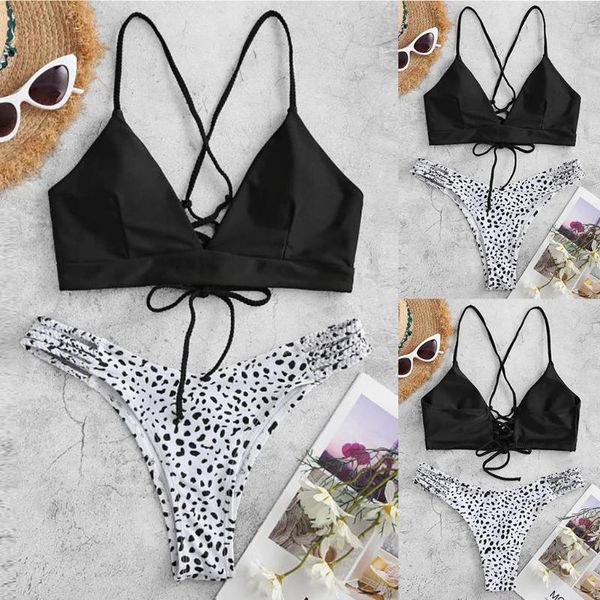 

women's bikini print set swimsuit two piece filled bra swimwear beachwear bikini swimsuit, White;black