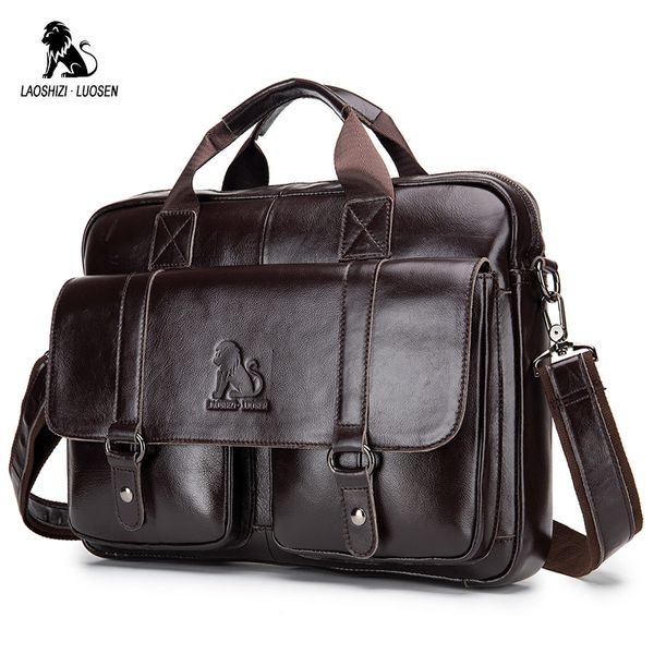 

laoshizi luosen genuine leather men's briefcase business computer bag fashion messenger bags man shoulder bag male handbags
