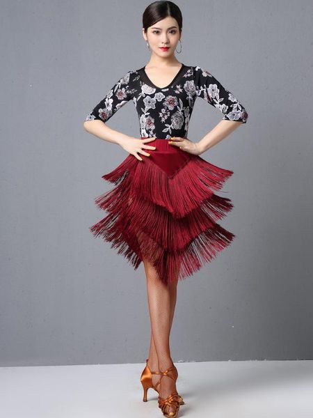 

2019 latin dance skirt women costume samba tango kinds of tassels dresses competition performamnce salsa lady latin, Black;red