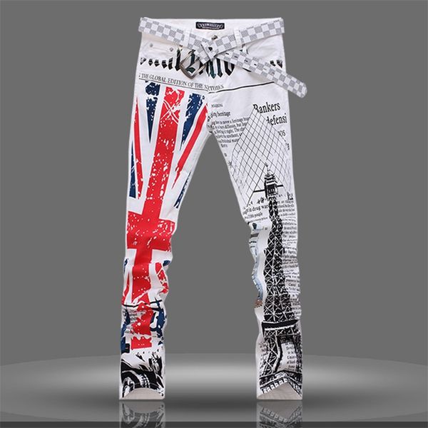 

new original design men's slim jeans punk rock nightclub the union flag eiffel tower printed pattern jeans motorcycle jeans, Blue