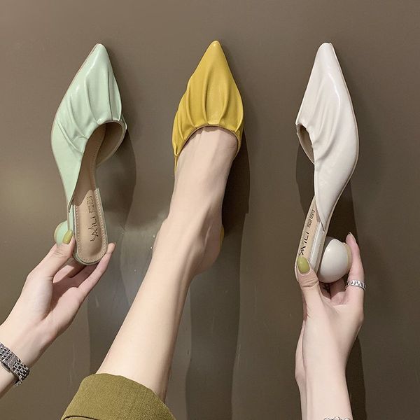 

shoes ladies' slippers mules for women 2020 low slides square heel pointed toe soft block cover rome fashion pu, Black