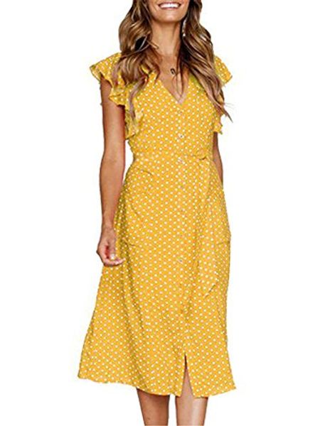 

rainlover women's summer boho polka dot sleeveless v neck swing midi dress, Black;gray