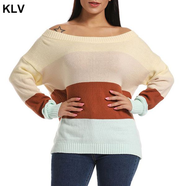 

women plus size long sleeve knit sweaters off the shoulder casual loose pullover color block patchwork rib trim jumper, White;black