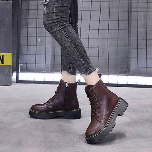 

women boots platform round toe shoes anti-slip breathable soft for autumn winter c55, Black