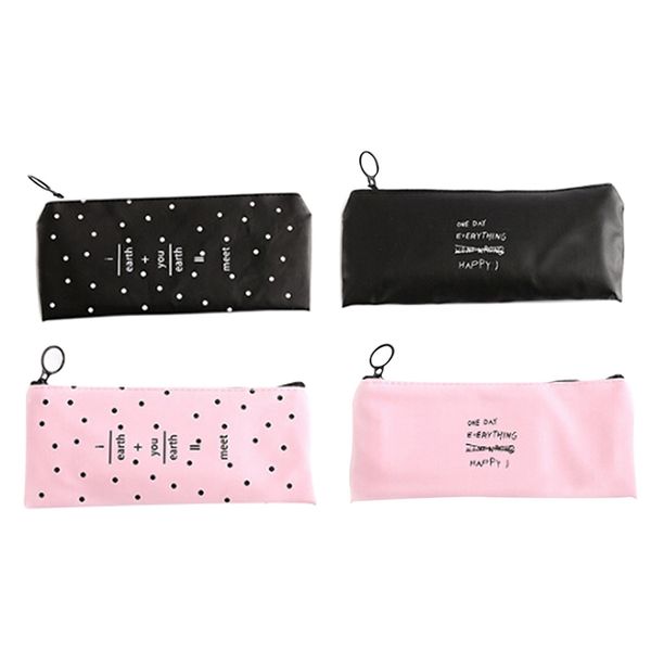 

cute pink black pencil case for girls kawaii black white dot pu leather pen bag stationery pouch office school supplies