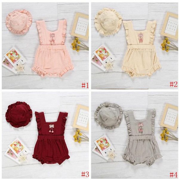 Baby Girls Roupas Crianças Ruffle Macacão Cap Roupas Conjuntos Infantil Algodão Linho Sólido Jumpsuits Bonés Suits Verão Sem Mangas Onesies D849