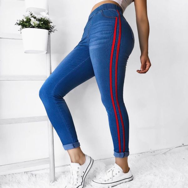 

heflashor 2018 popular side striped jeans women high waist skinny jeans new cotton denim leggings femme trousers big size, Blue