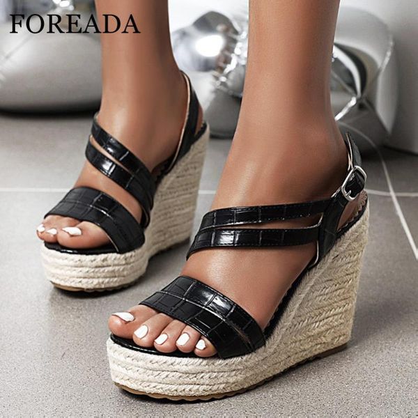 

foreada woman sandals espadrille platform extreme high heels buckle strap wedges heel shoes female sandals summer black size 43