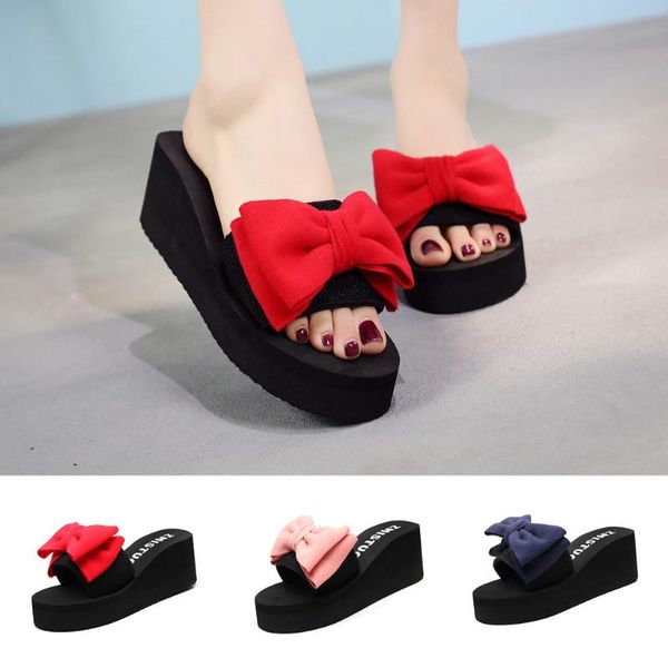 

sagace women slippers bow thick foundation summer open toe beach sandals beach shoes waterproof slippers ladies shoes, Black