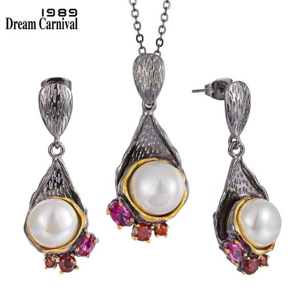

dreamcarnival1989 feminine necklace & earrings set for women new gothic pearl flower party must have zirconia jewelry ep3986s2, Silver