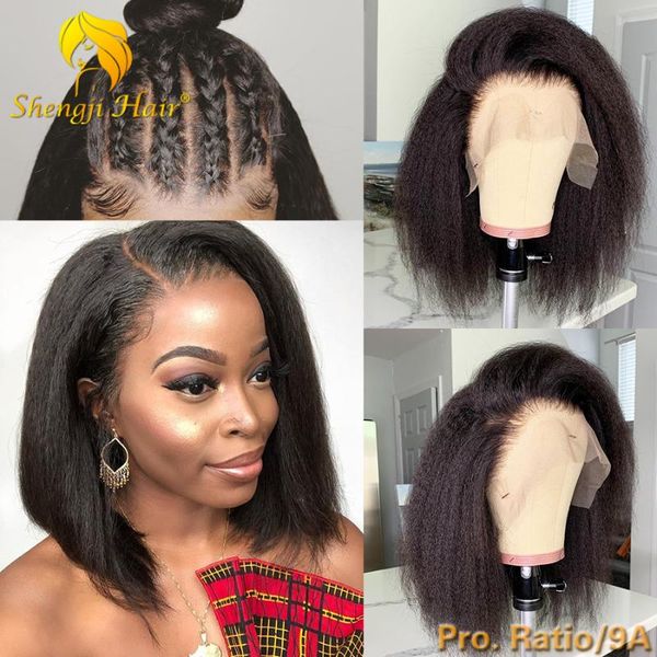 

kinky straight lace front wig shengji remy hair short bob wig 13x6 brazilian glueless lace front human hair wigs for black women, Black;brown