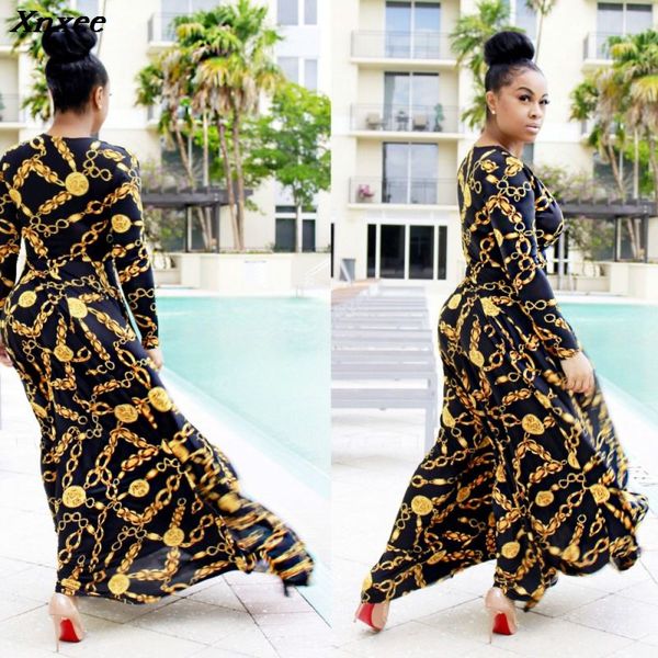 

design golden chain print femme vestidos women summer dress riche robe african clothing maxi long dress xnxee, Black;gray