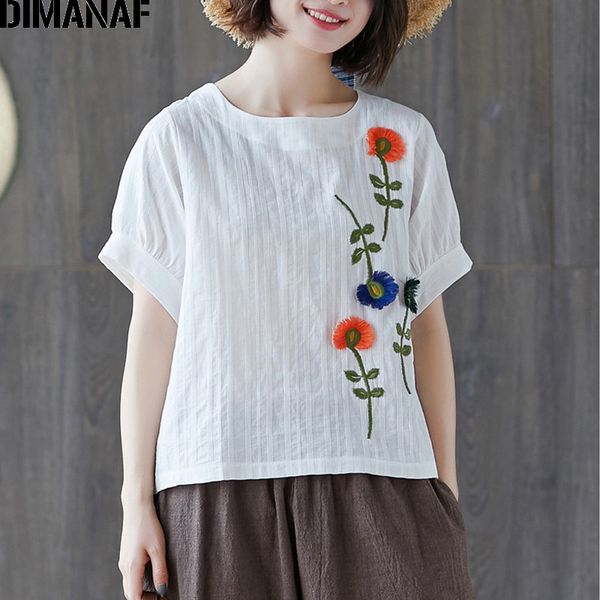 

women's t-shirt dimanaf summer plus size t-shirts women clothing embroidery floral female lady basic tees cotton linen shirts casual l, White