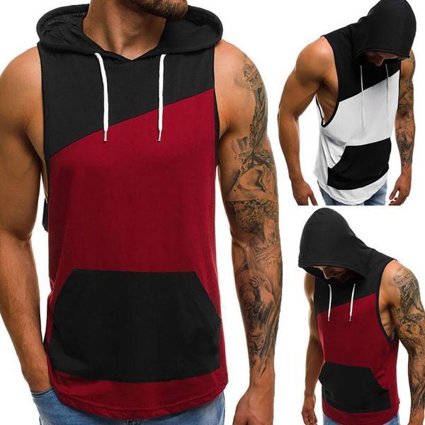 

men fashion patchwork vest sleeveless hooded t-shirts casual summer fashion men t-shirts, White;black