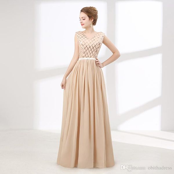 Sweet Champagne Bridesmaid Dress V Neck Chiffon Sequins Lace Prom