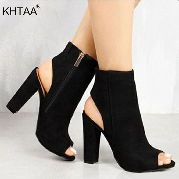 

new womens high heels suede slingbacks pumps peep toes female zip square heel shoes platform fashion party footwears ladies, Black