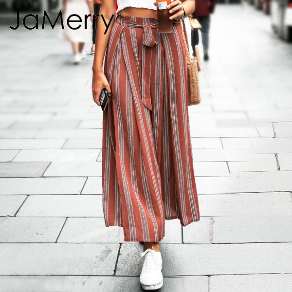 

jamerry striped high waist spring pants women casual pleated wide leg pants trousers 2020 summer beach split chic female, Black;white