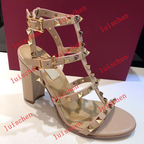 

2019 luxury design leather women stud sandals slingback pumps ladies high heels 9.5cm fashion rivets shoes big size 41 42 8color, Black