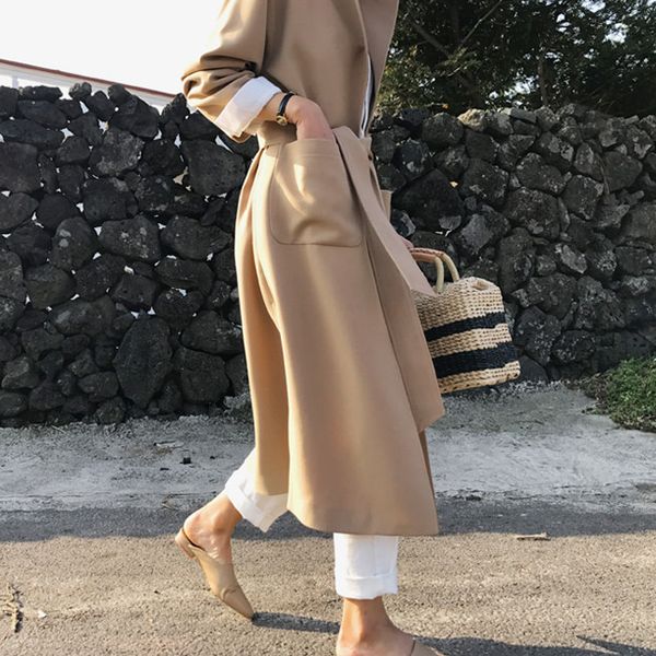 

elegant women long lace-up cardigan trench coat new arrivel solid color casual windbreaker with belt and pockets, Tan;black