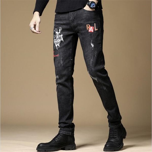 

japan and korean style jeans men cotton black ripped embroidery men jeans slim fit denim pants #5507-1, Blue