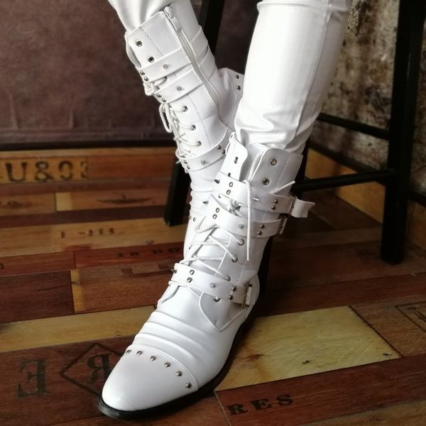 

England Style Fashion High-Top Shoes Men Rivet Zip Pointed Toe Leather Ankle Boots Top Quality Motorcycle Boots Chaussure Homme